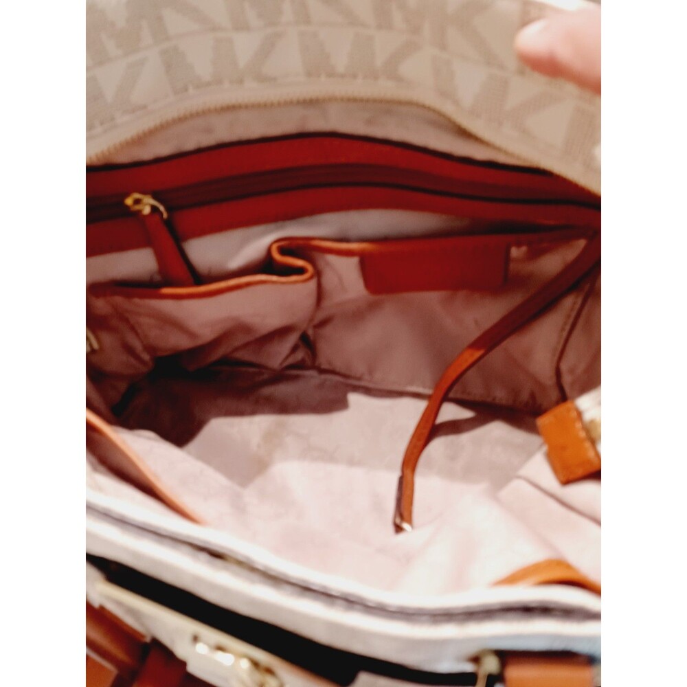 Michael Kors Cream MK Logo Canvas Crossbody with Brown Leather Trim - Picture 8 of 13